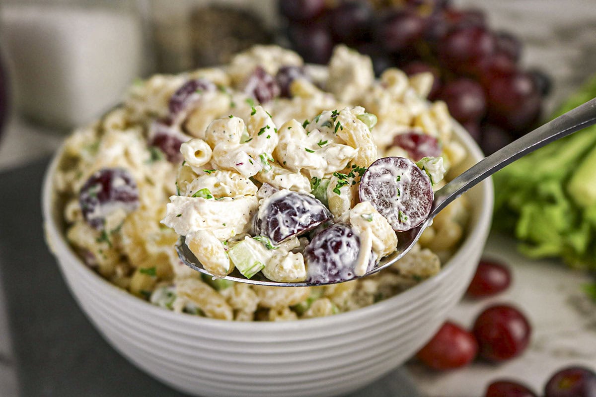 A close-up shot of a large spoonful of creamy chicken and pasta salad being lifted from a white bowl. The salad features macaroni pasta, diced chicken, halved red grapes, celery, and a sprinkling of fresh parsley.