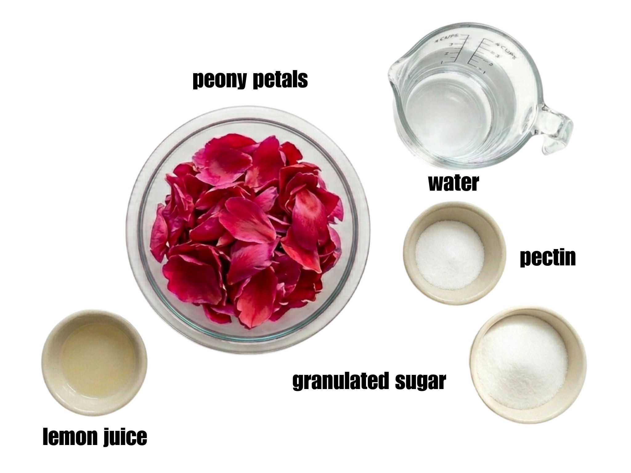 A top-down layout of recipe ingredients arranged on a light surface:  fresh pink peony flowers, a bowl of white granulated sugar, a box of powdered pectin, and a  lemon juice in bowl.