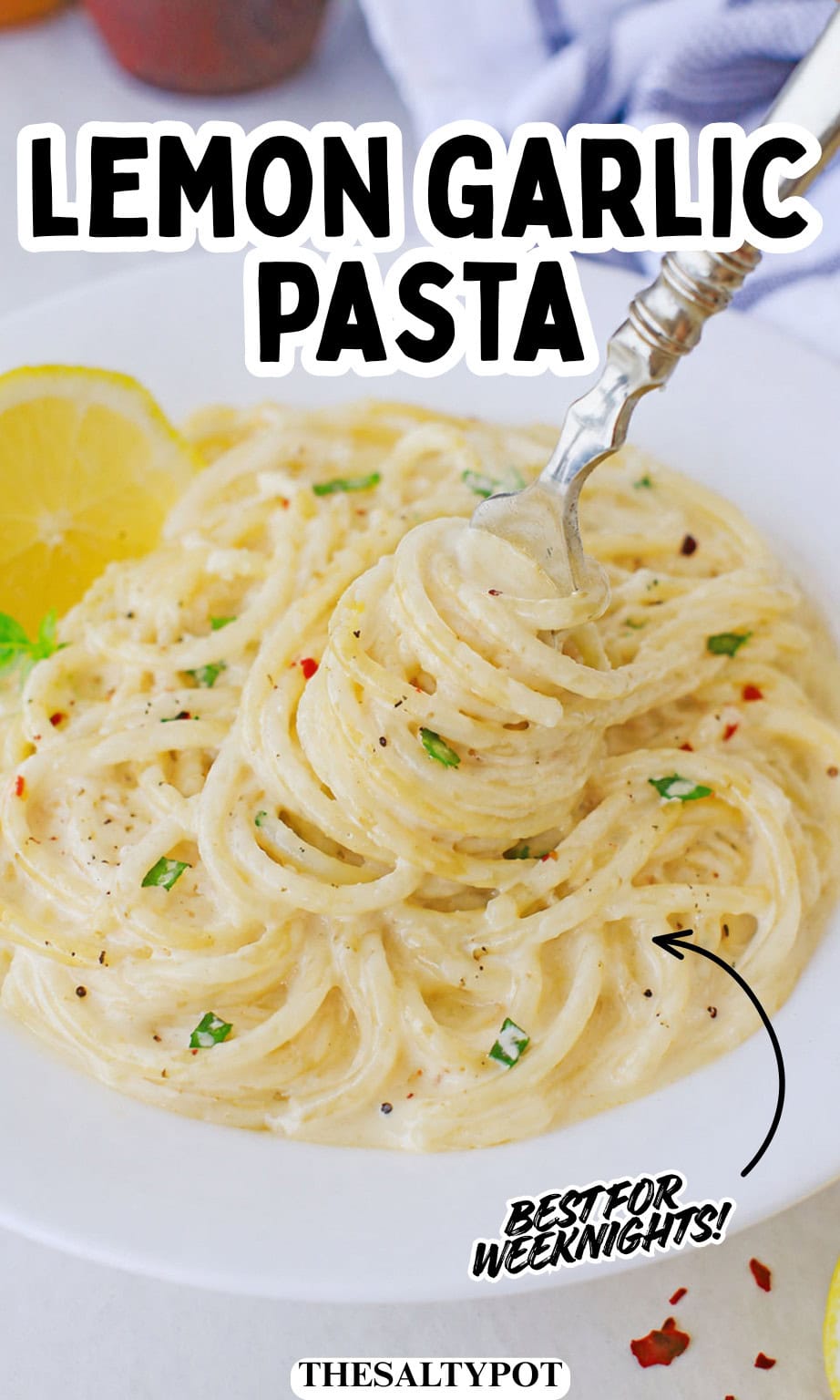 A graphic pin layout featuring a close-up of twirled creamy pasta with the title text "Lemon Garlic Pasta."