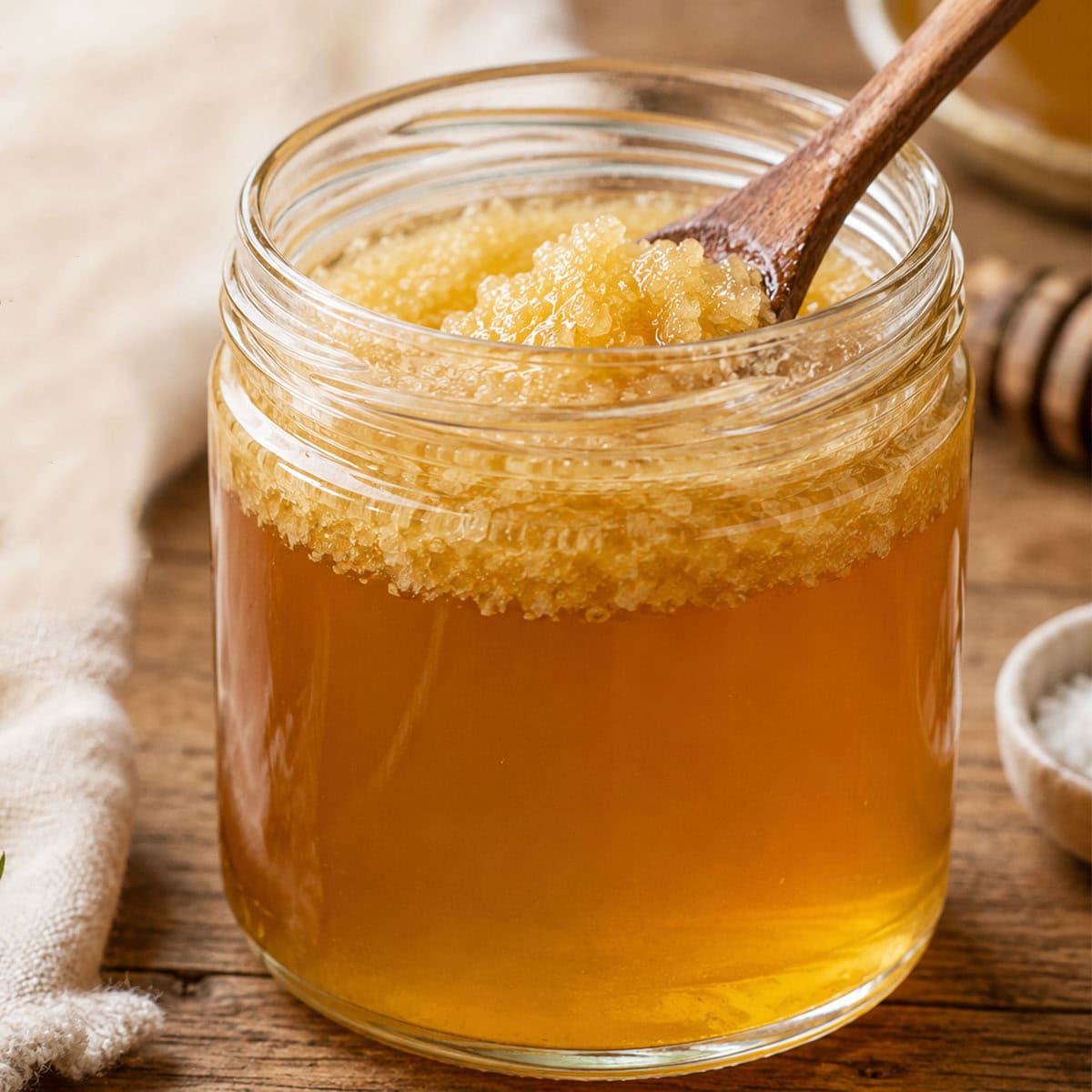 Crystalized honey in a jar.