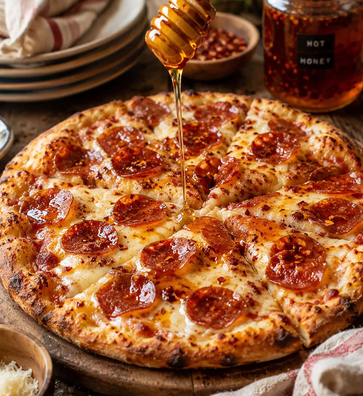Hot honey drizzled on pepperoni pizza
