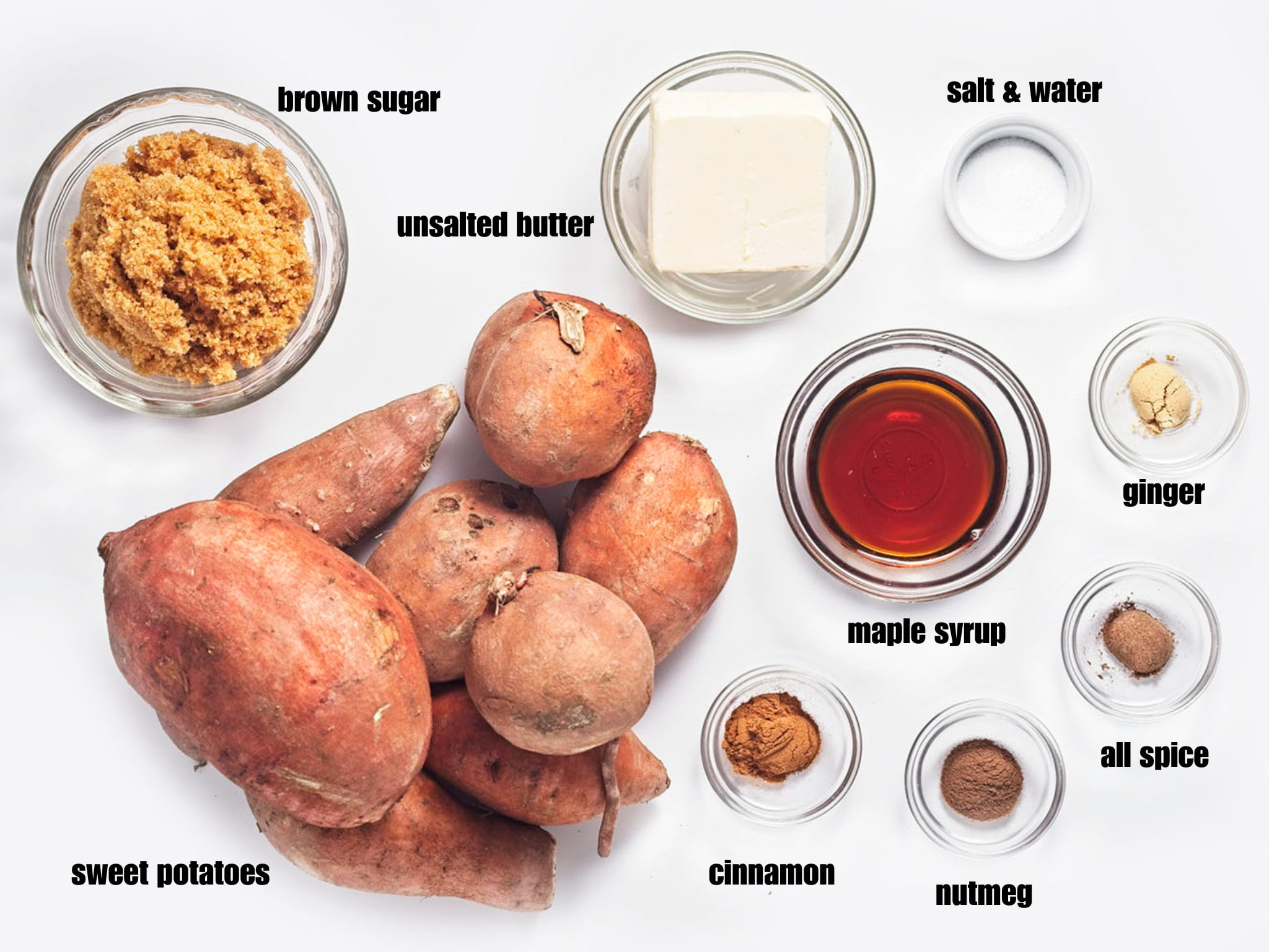  Ingredients for brown sugar sweet potatoes, including raw sweet potatoes, butter, brown sugar, syrup, and spices in small bowls.