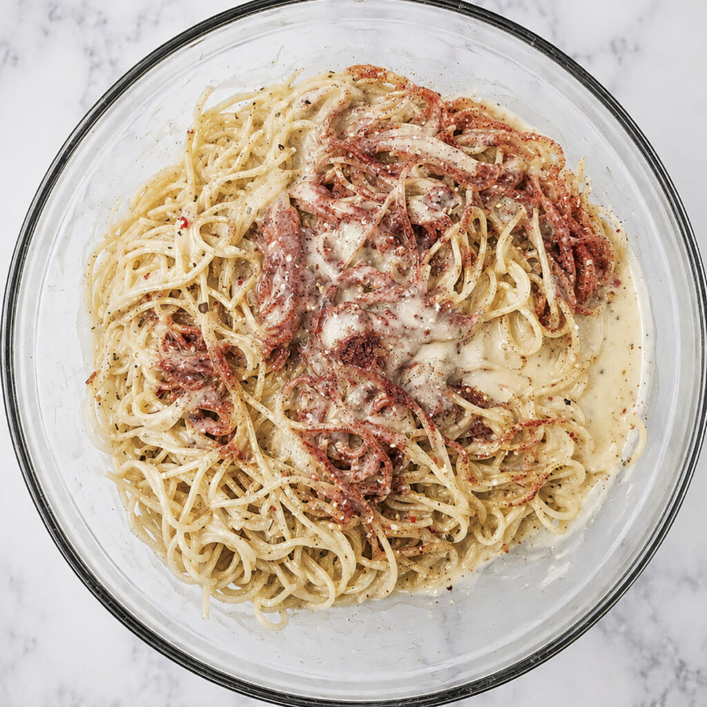  Spaghetti noodles coated in dressing inside a glass bowl.

