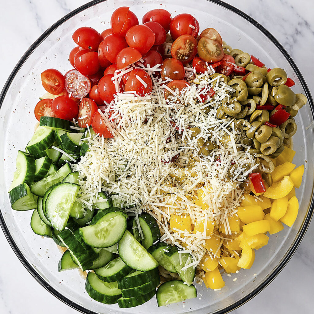 A glass bowl filled with chopped vegetables and cheese over pasta.
