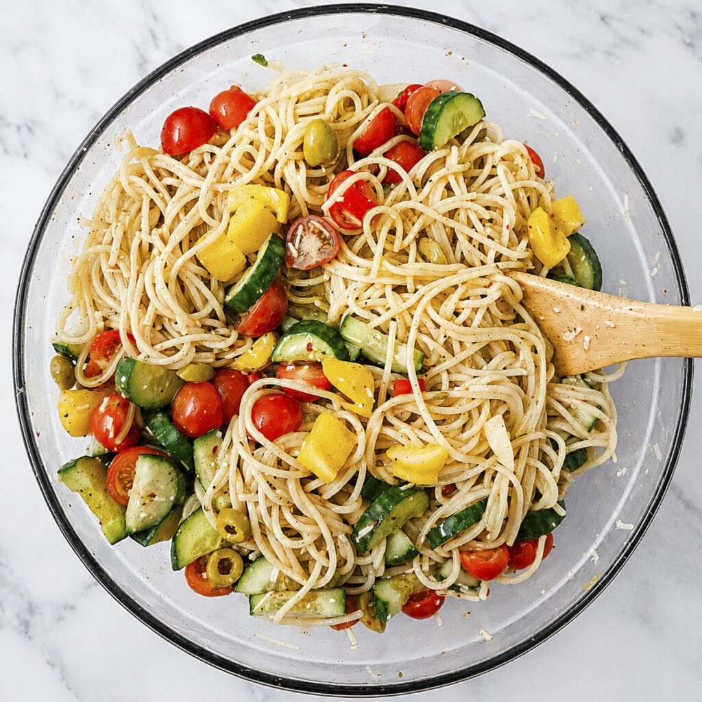 Pasta and chopped vegetables being tossed together in a glass bowl.
