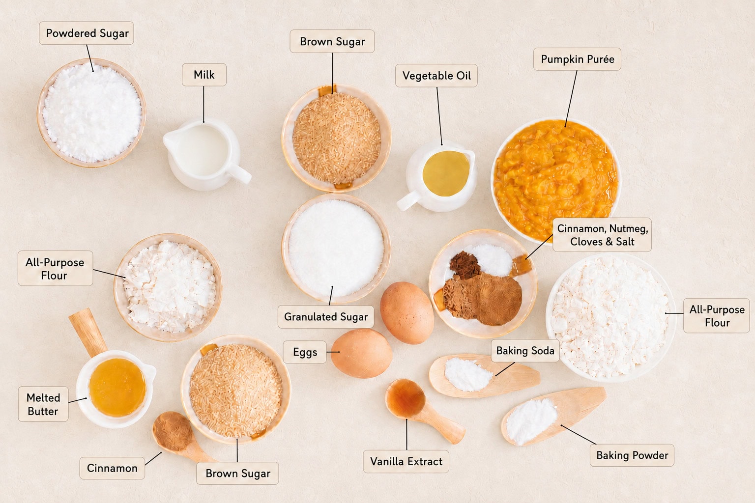 Flat lay displaying baking ingredients arranged in small bowls with text labels