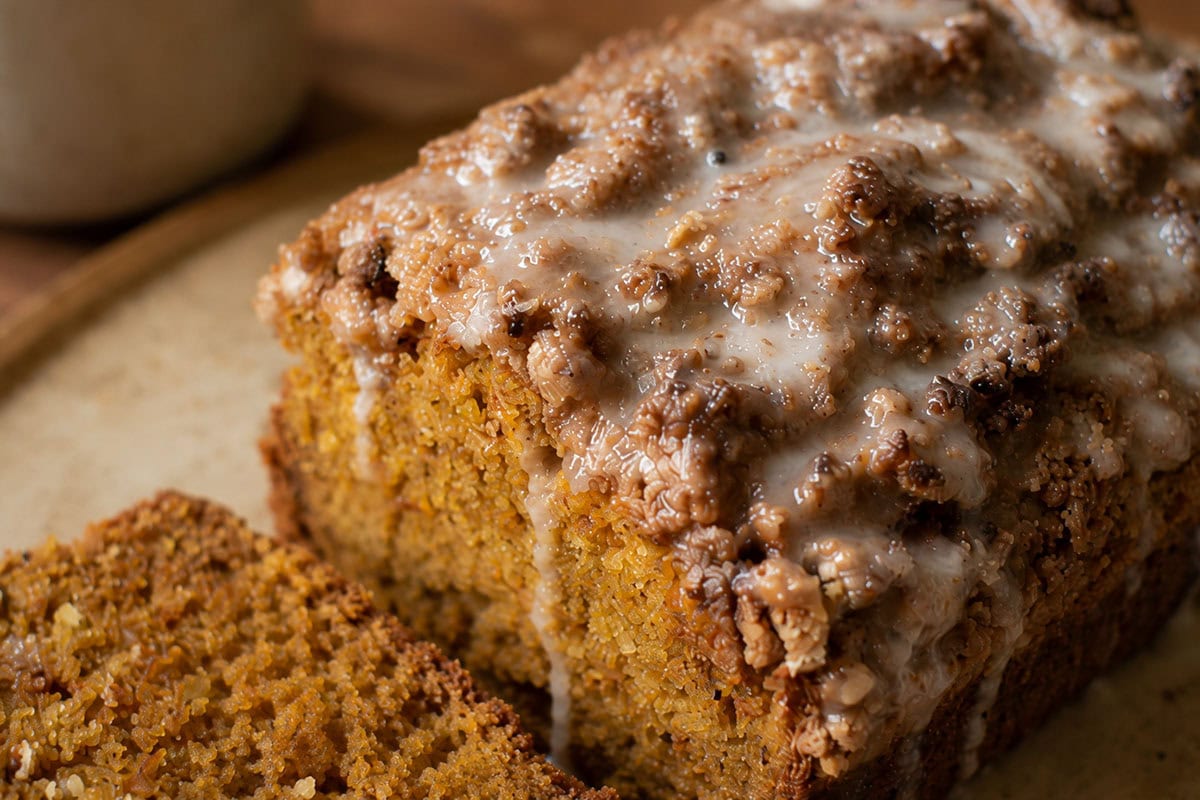Close-up of the pumpkin loaf cake with streusel topping 