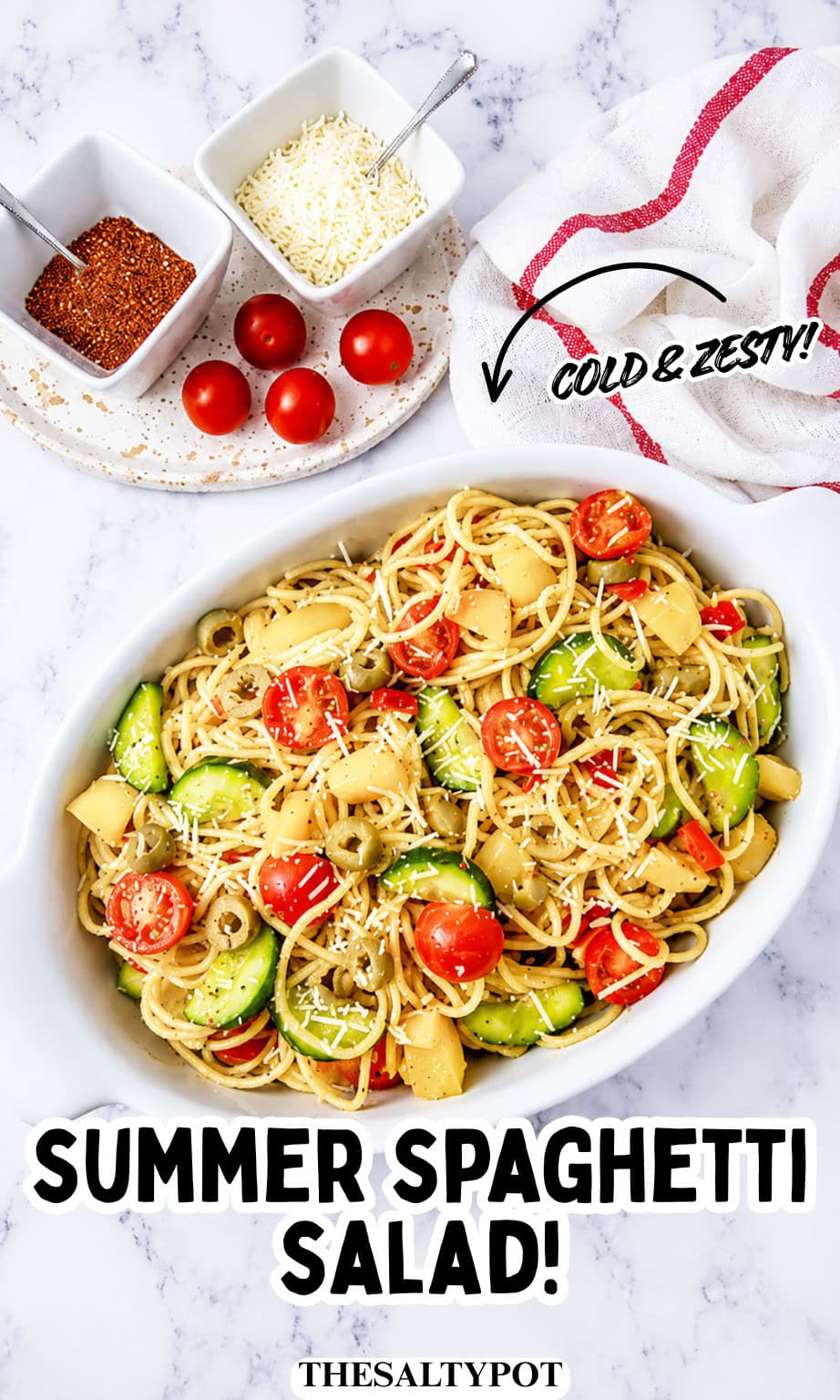  A high-angle view of a pasta salad served in a white dish.
