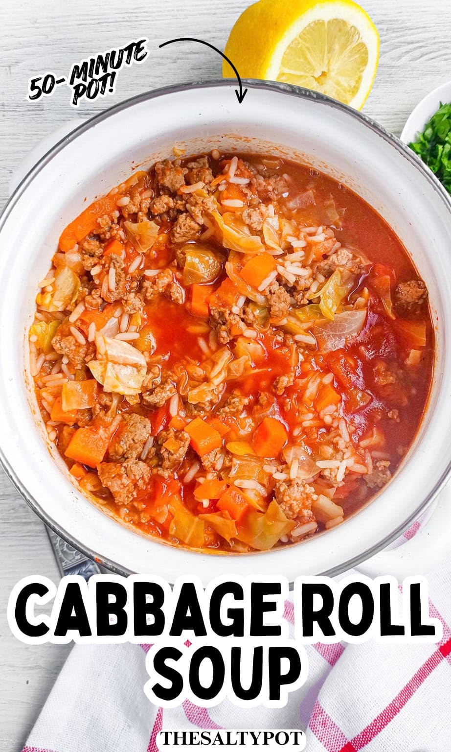 Top-down view of a large cooking pot filled with tomato-based meat and vegetable soup