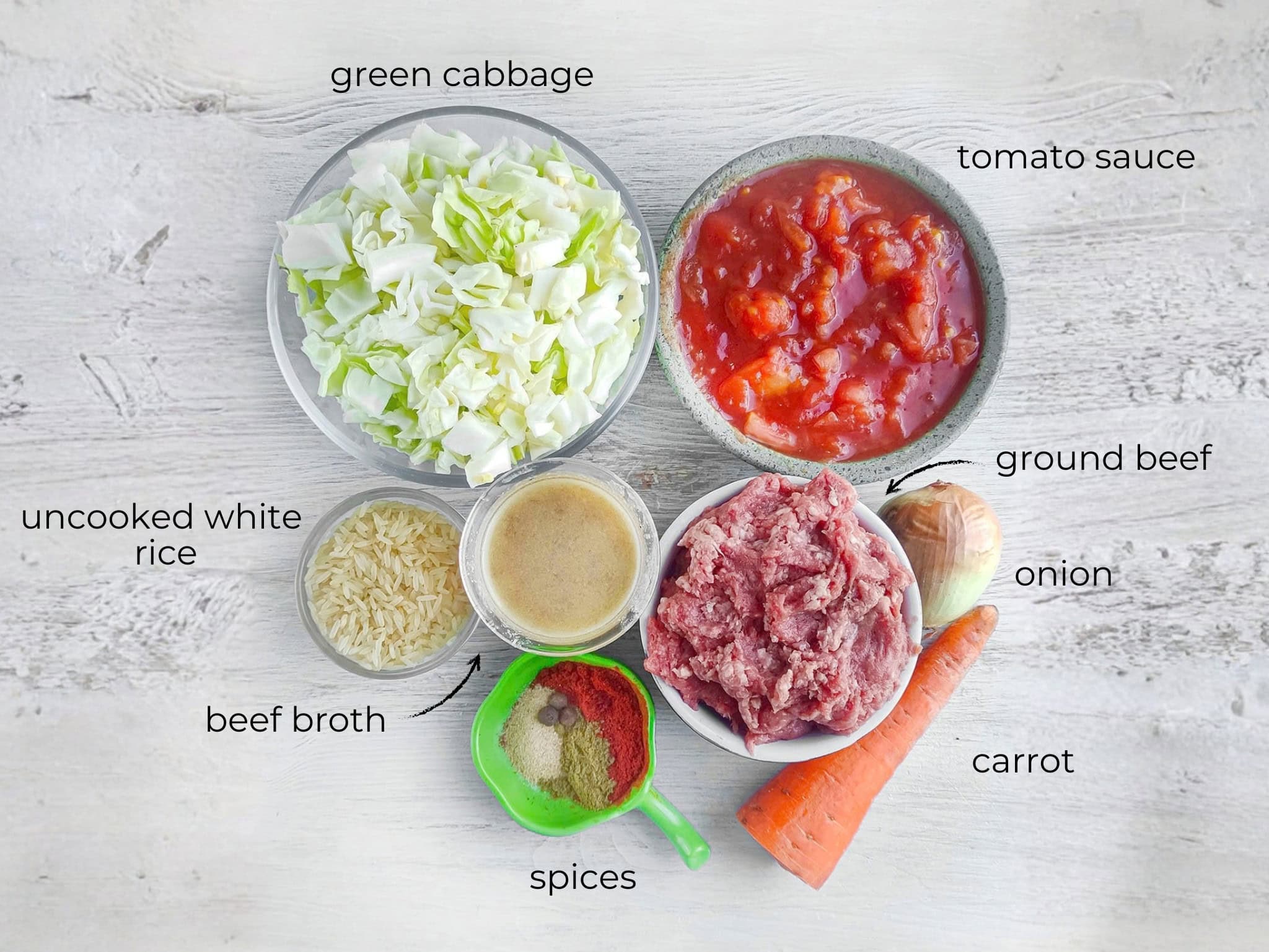  raw ingredients including cabbage, ground beef, rice, tomato sauce, and spices