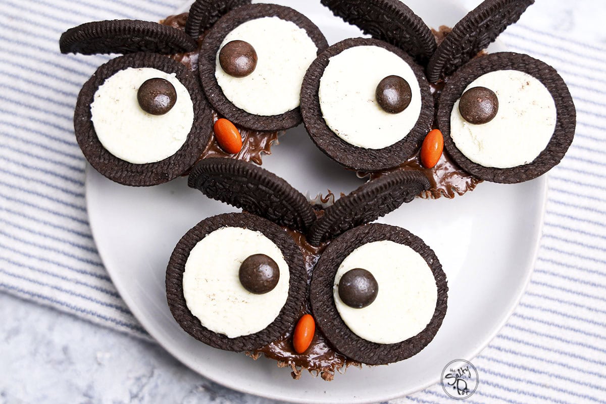 Top-down view of decorated owl-themed cupcakes on a ceramic plate