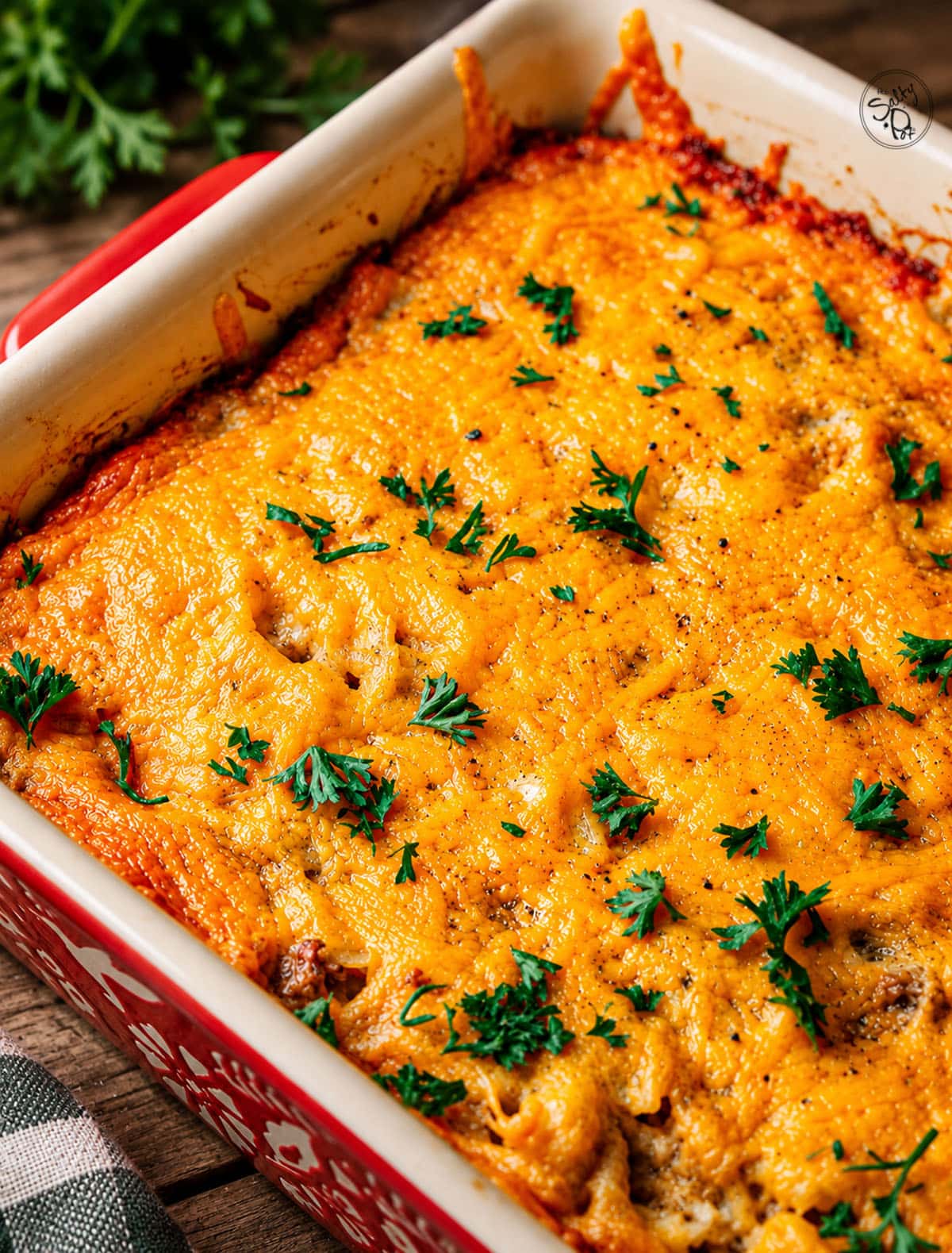 One end of the hashbrown casserole out of the oven.